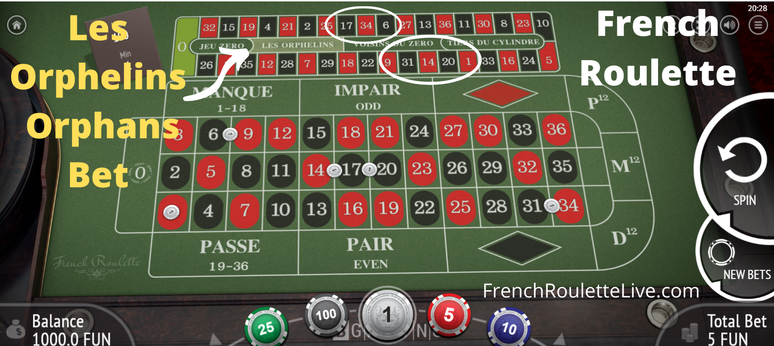 French Roulette Table Layouts - Les Orphelins Special Bet - Racetrack